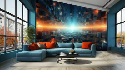 Abstract tech background, cyberspace with blue and orange light. Perspective of digital space like futuristic corridor. Concept of data, technology, future, network, database Wall mural