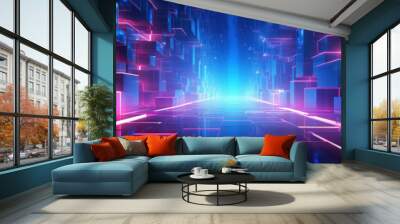 abstract technology background, futuristic digital space with data and neon light. perspective of cy Wall mural