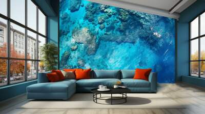 Aerial top view of sea and coral reefs, coastal blue water of ocean, generative AI Wall mural