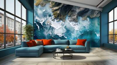 Aerial top view of sea and rocks, ocean blue waves crashing on shore, generative AI. Wall mural