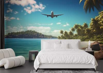 Airplane landing at tropical resort, plane flying above sea beach and jungle, generative AI Wall mural