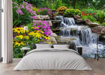 Cascade waterfall with stones and flowers at backyard, water in landscaped home garden, beautiful landscaping in summer. Concept of nature, background, design, travel Wall mural