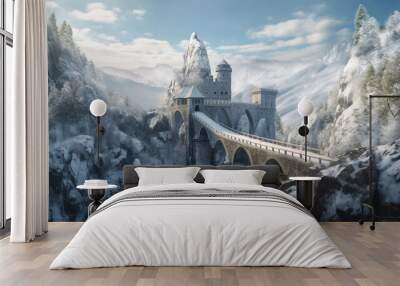 Castle and bridge in mountains in winter, landscape with old citadel in forest, generative AI Wall mural