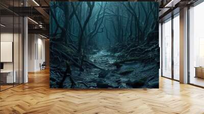 Creepy forest at night, scary crooked trees in dark fairy tale wood, generative AI. Wall mural