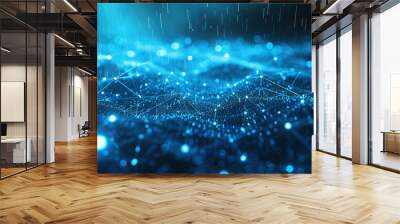 Dark blue digital data background, network surface with lights and lines in abstract space in rain at night. Concept of future, secure technology, cyber city, pattern, tech Wall mural