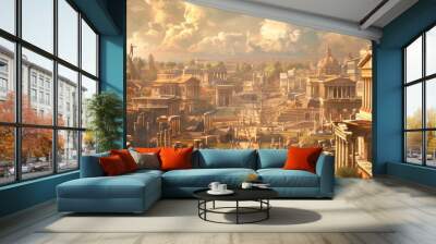 Fiction panoramic view of Ancient Rome in past, landscape of city in summer. Scenery of old buildings and sky. Concept of Roman Empire, vintage, antique, history, travel, skyline Wall mural