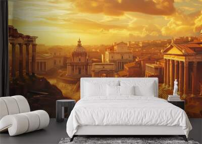 Fiction view of Ancient Rome at sunset, urban landscape with old buildings in summer. Panoramic scene of historical houses, sun and sky. Concept of Roman Empire, antique, travel, Wall mural