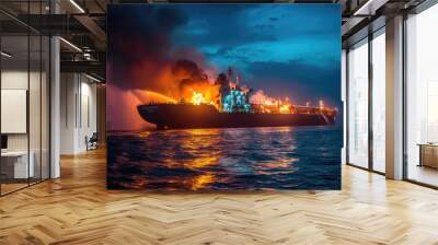 Fire and smoke on cargo ship at dusk, tanker burning in sea after explosion, accident on industrial vessel in ocean water at night. Concept of oil, disaster, rescue Wall mural