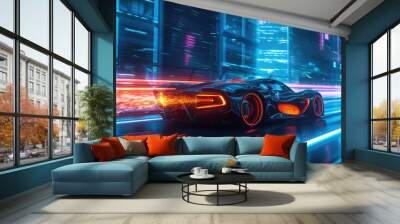 Futuristic racing car drives fast on highway at night, shiny luxury auto runs on city road. Modern sports vehicle moves on neon street. Concept of speed, light, cyberpunk Wall mural