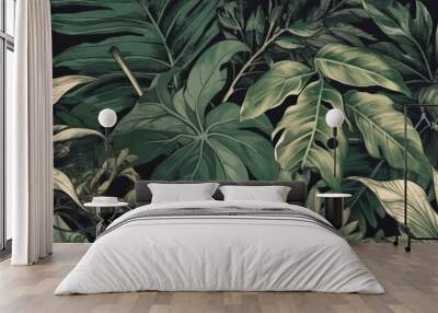 Green leaves background, floral tropical vintage pattern for wallpaper, generative AI Wall mural