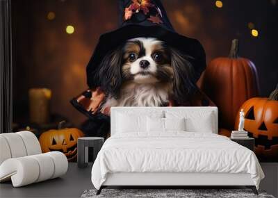 Little cute dog in witch costume on Halloween, funny pet with pumpkins Wall mural