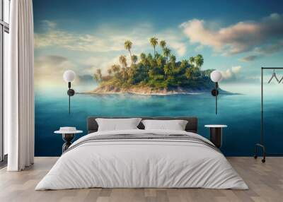 Lone small tropical island with palm trees surrounded sea blue water Wall mural