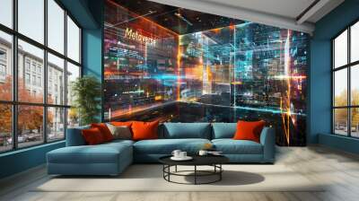 Metaverse abstract background, dark pattern of futuristic digital space, inside cyber virtual reality. Concept of future, tech, data, universe. Wall mural