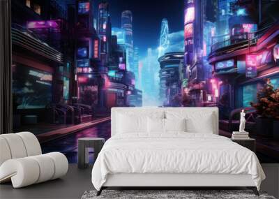 Neon street in cyberpunk city at night, modern buildings in purple lights Wall mural