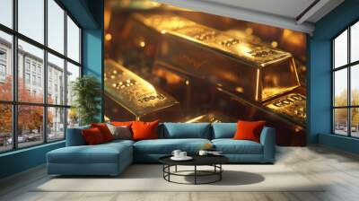 Panoramic view of gold bars, shiny golden ingots closeup, much money bricks in dark room. Concept of luxury blocks, wealth, finance, bullion, trade Wall mural