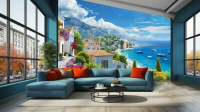 Scenic view of city and sea in Greece, landscape with of old white houses, mountains and sky, scenery of flowers and beautiful marina. Concept of travel, resort, summer Wall mural