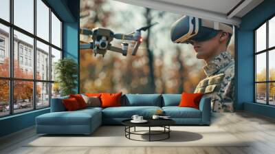 Soldier uses modern drone for surveillance, man wearing cyber VR glasses during war or training. Theme of army, military intelligence, warfare, Wall mural