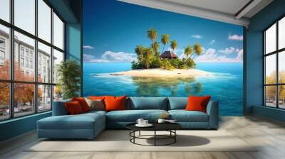 Tiny tropical island with hut and palms surrounded sea blue water, generative AI. Wall mural