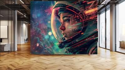 Young woman wearing spacesuit, portrait of girl in helmet for futuristic space travel on stars background. Concept of scifi, astronaut, art, future, fantasy. Wall mural