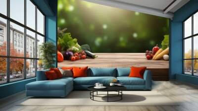 Fresh Organic Vegetables on Wooden Table in Natural Light Wall mural