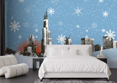 City skyline in the snowy winter, background Wall mural