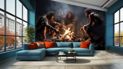 A Cozy Neanderthal  Evening Gathering Around a Warm Bonfire Created With Generative AI Technology Wall mural