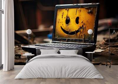 A laptop displaying a cheerful smiley face created with Generative AI technology Wall mural