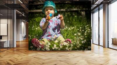 A little girl with hat and purple blouse sits in the grass in front of an old bench. she looks at a toy. Wall mural