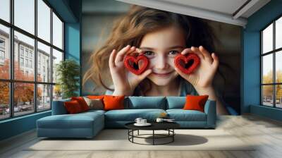 A little girl with red hearts covering her eyes created with Generative AI technology Wall mural