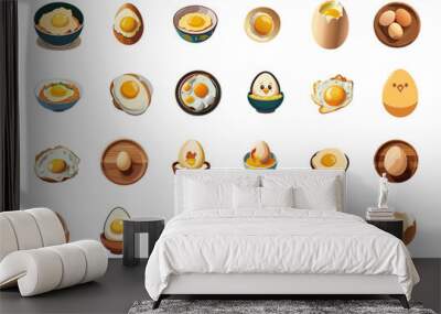 Eggs cartoon vector set: leaked yolk, scrambled egg, omelette, boiled egg, bowl, fried eggs on the plate, illustration isolated on white Wall mural