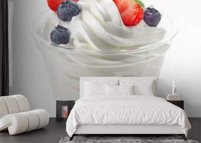 dessert of whipped cream and fresh berries in plastic cup isolated on white background Wall mural