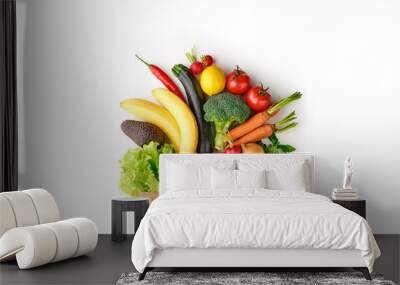 Paper grocery bag full of healthy fruits and vegetables top view isolated on white background Wall mural