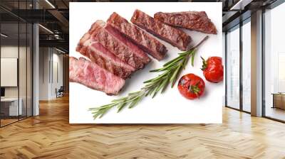 Sliced Grilled Beef Steak with tomatoes and rosemary Isolated on white background, top view Wall mural