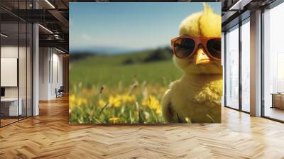 Adorable chick wearing sunglasses in a spring meadow Wall mural