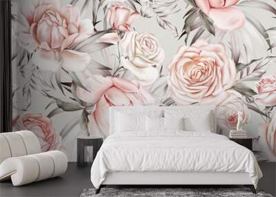 Seamless spring pattern with a bouquet of peonies. Vintage wallpaper with flowers in pastel colors Wall mural