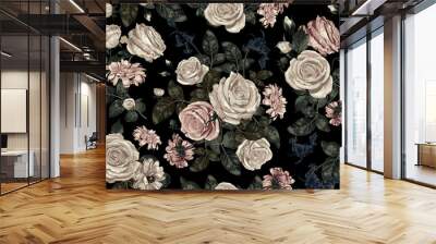 Elegant seamless pattern of blush toned rustic roses in black background great for textile print, background, handmade card design, invitations, wallpaper, packaging, interior or fashion designs. Wall mural