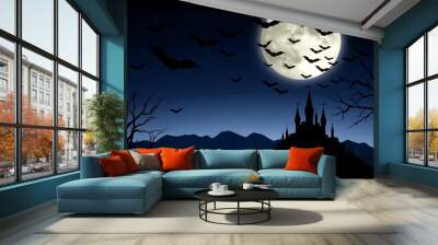 A spooky Halloween castle silhouetted against a bright moon and flying bats, perfect for creating a mysterious and eerie atmosphere. 
 Wall mural