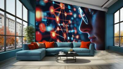 A focused individual analyzes complex data, surrounded by vibrant digital graphics representing technology and connection. Wall mural