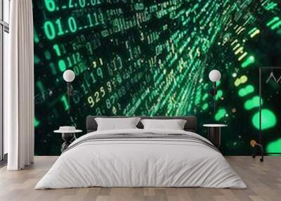 Binary digits flowing on a green-tinted dark background, tech-inspired, subtle glow, side angle, digital cyber art Wall mural