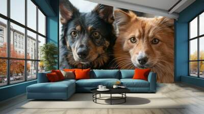 Closeup of a cat and dog s faces with kibble bowls, soft focus background, natural light Wall mural