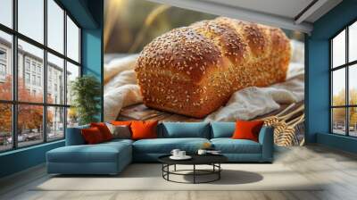 Rustic seeded whole grain bread on wooden board beige cloth and wheat stalks behind warm artisanal setting soft lighting Wall mural