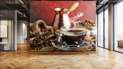 Black coffee in a cup on old background Wall mural