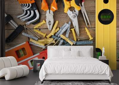 Different tools on the old background. Wall mural