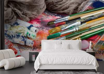 Paint brushes and paints for drawing. Wall mural