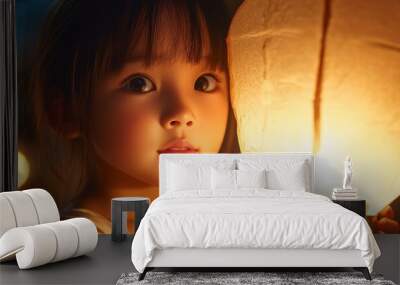 A close-up of a child holding a lantern, their face softly illuminated by its glow Wall mural