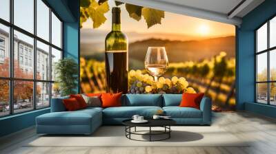 Grapes growing in a vineyard at the sunset background, wine bottle vines and glass wine. Wall mural