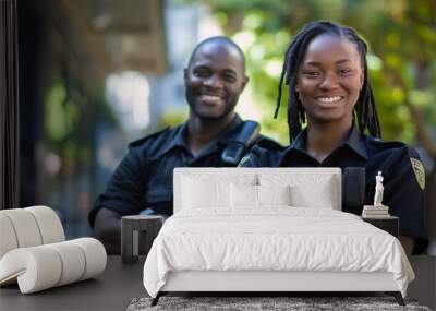 Happy, portrait and police with arms crossed in the city for security, safety and justice on the street. Team, pride and a black woman and a man with confidence working in urban crime together, Wall mural