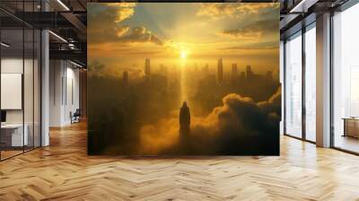 Jesus Christ stands in heaven with clouds at dawn and watches and blesses a large modern city with skyscrapers. Wall mural