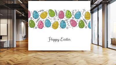 Greeting card with cute easter eggs and wishes. Vector Wall mural