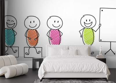 Group of funny hand drawn stickman with empty whiteboard. Vector Wall mural